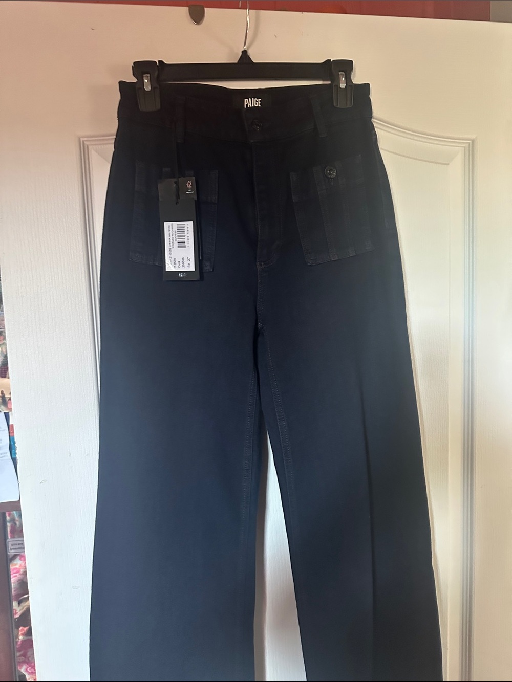 PAIGE Black High-Rise Wide Leg Jeans with Front Patch Pockets